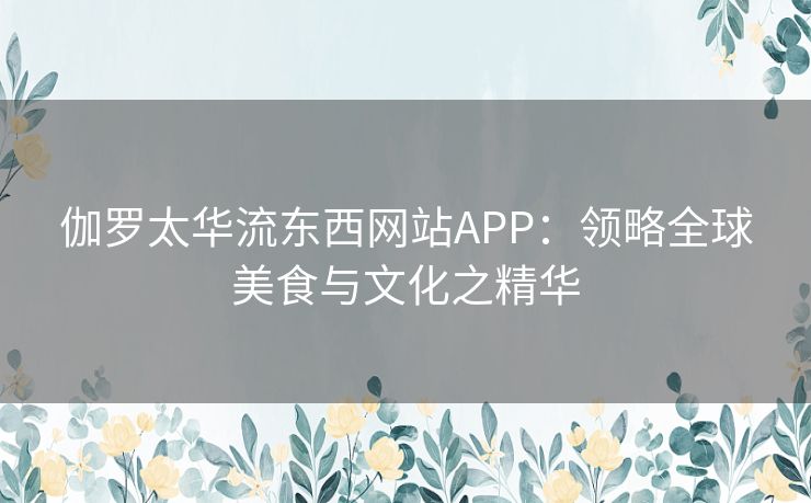 伽罗太华流东西网站APP：领略全球美食与文化之精华