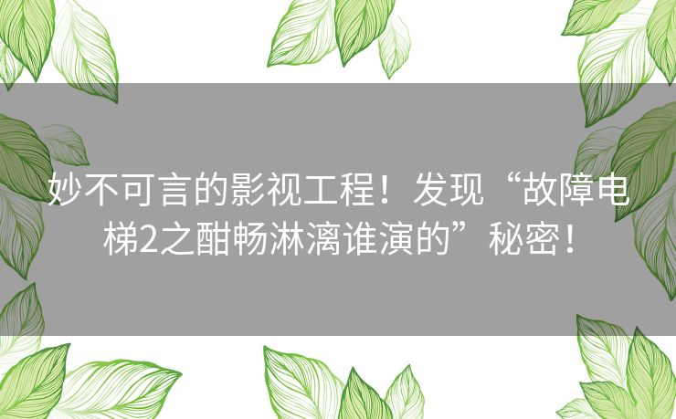 妙不可言的影视工程！发现“故障电梯2之酣畅淋漓谁演的”秘密！